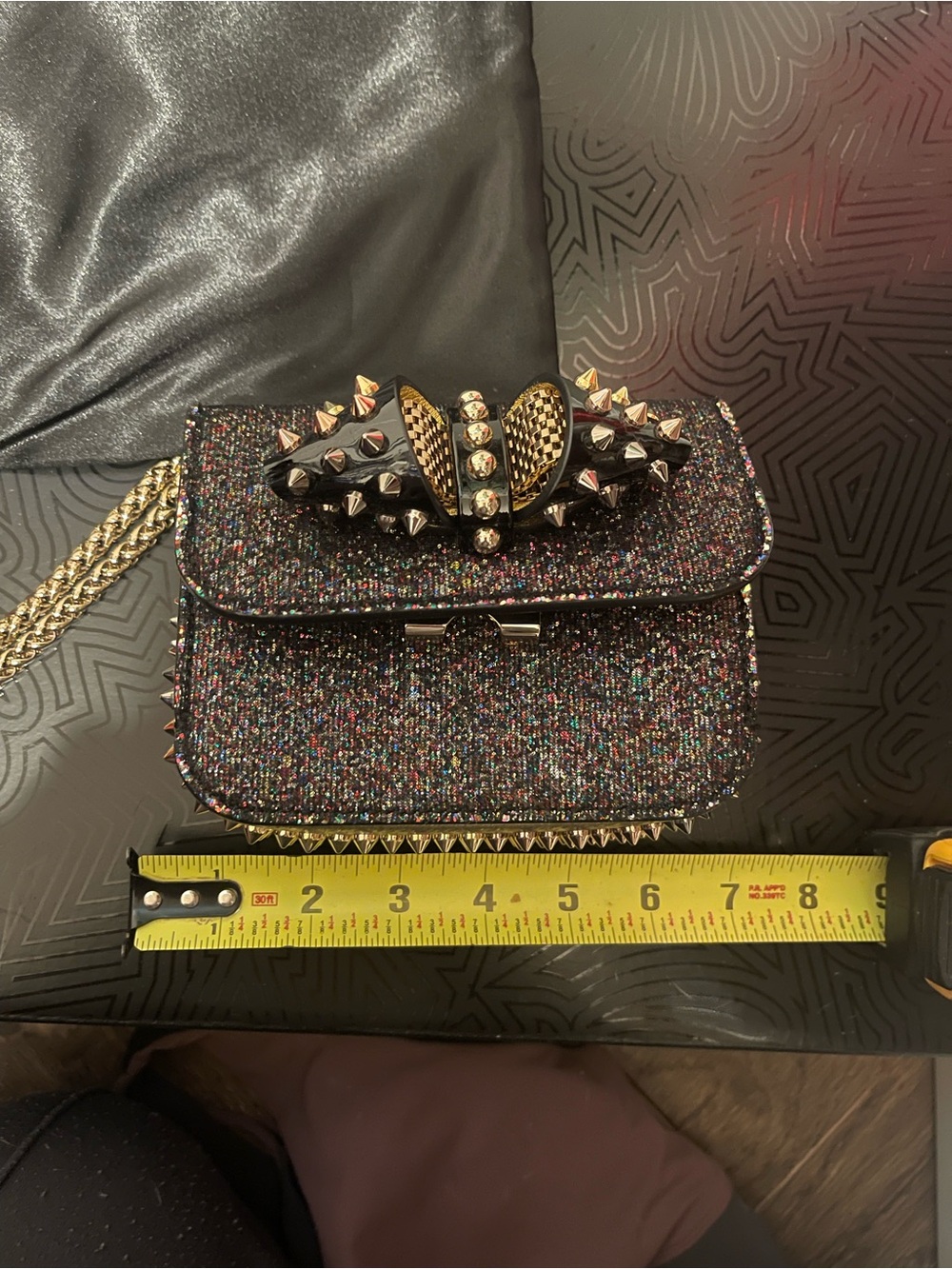 Christian Louboutin Multicolor Tweed Spike-Embellished Crossbody with Gold Chain - Picture 8 of 16